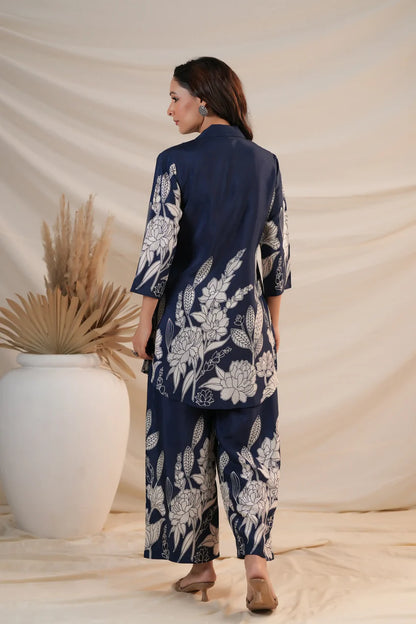 Royal Blue Floral Printed Russian Silk Co-Ord Set with Shell Button Embellishments