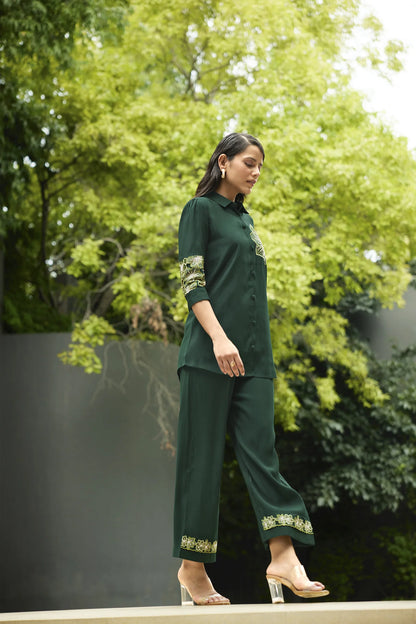 Kiaa-Bottle Green Embroidered Viscose Shirt With Pant