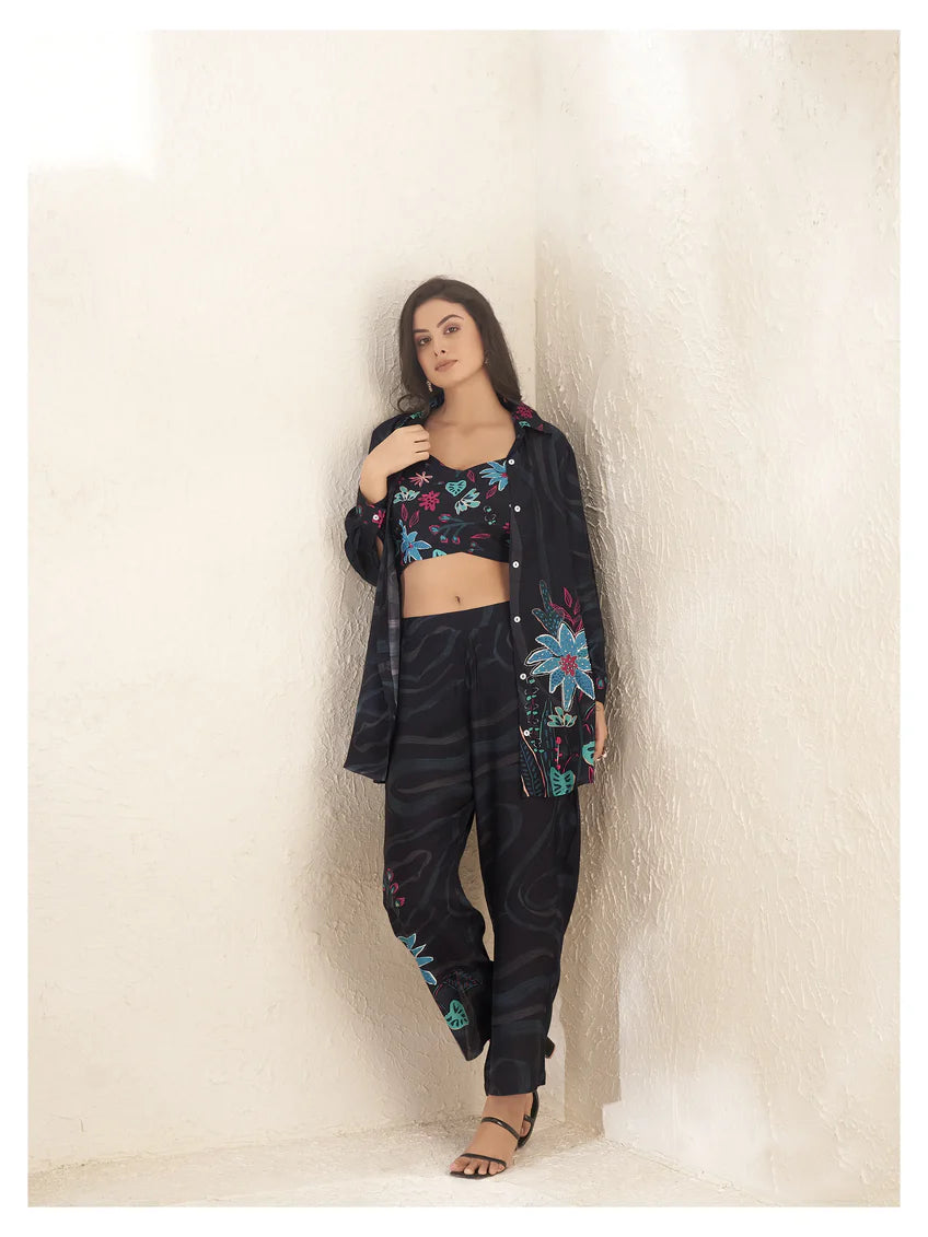 Black Sequins 3 Piece Co-Ord Set With Camisole