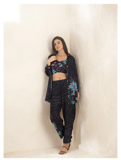 Black Sequins 3 Piece Co-Ord Set With Camisole