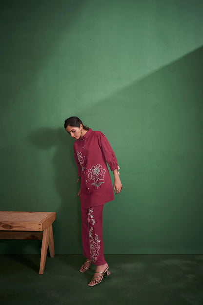 Maroon Embroidered Kurta With Pants