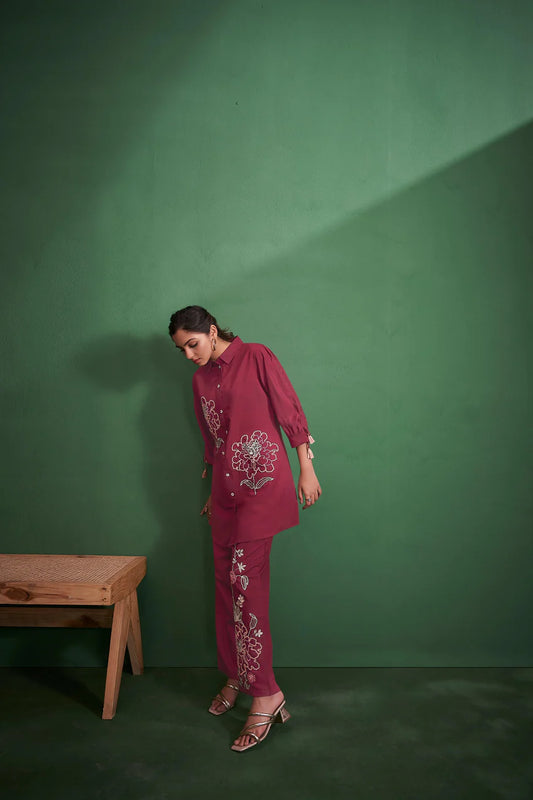 Maroon Embroidered Kurta With Pants