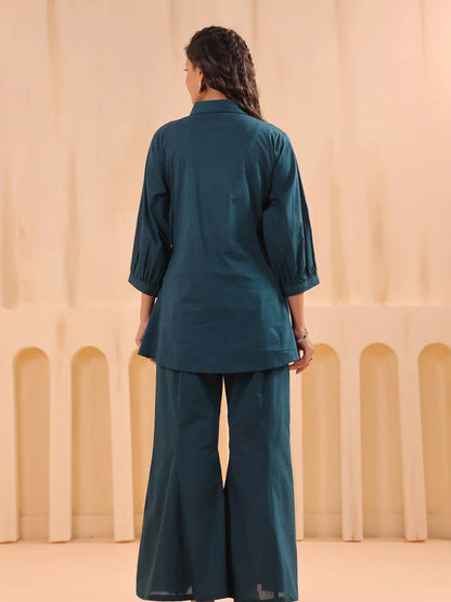 Teal Blue Cotton Co-ord Set with Rosebud Piping Embroidery