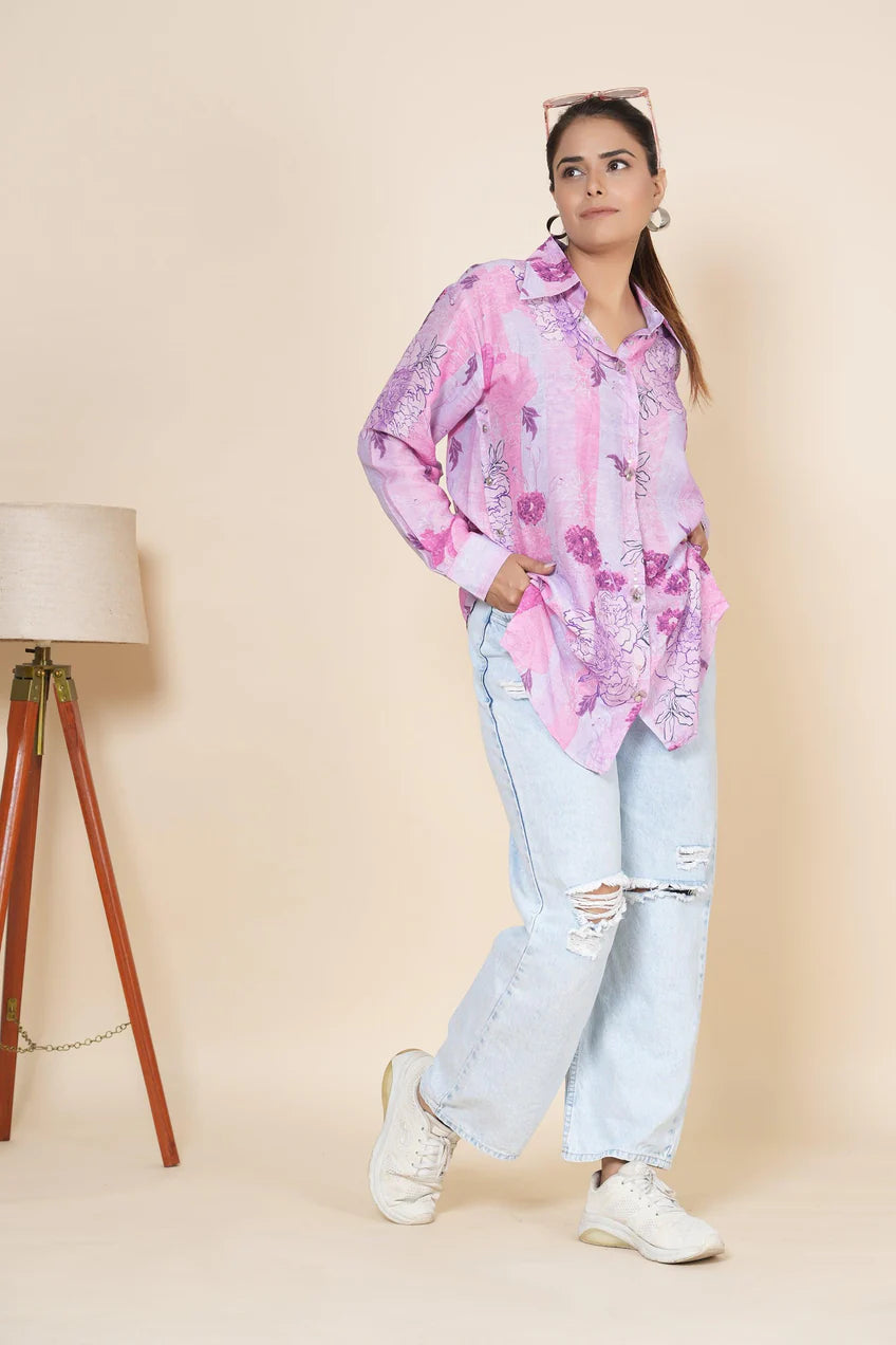 Shades Of Pink Floral Printed Shirt Style Tunic