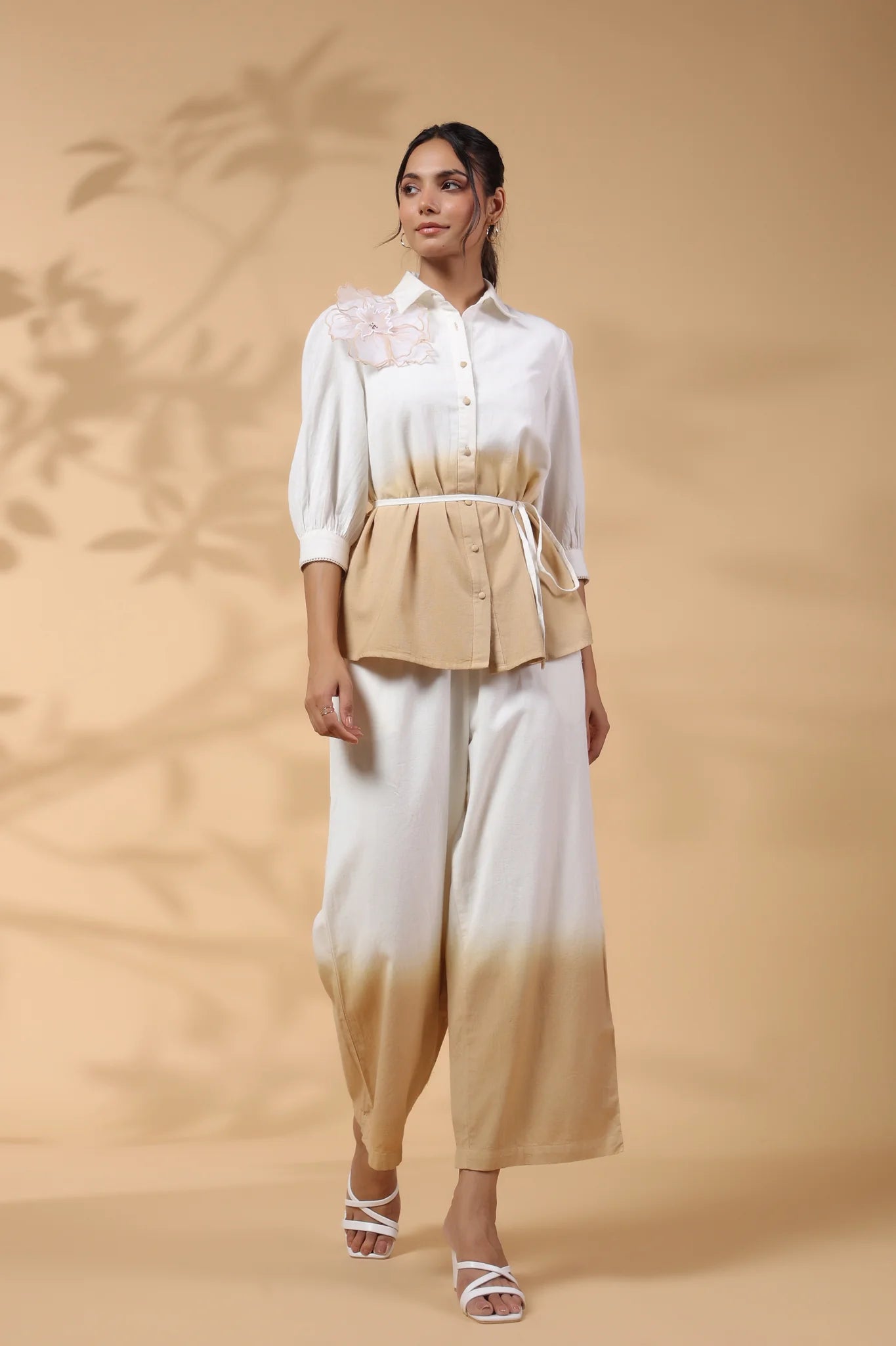 White and Beige Applique Flower Embroidered Cotton Flex Co-Ord Set