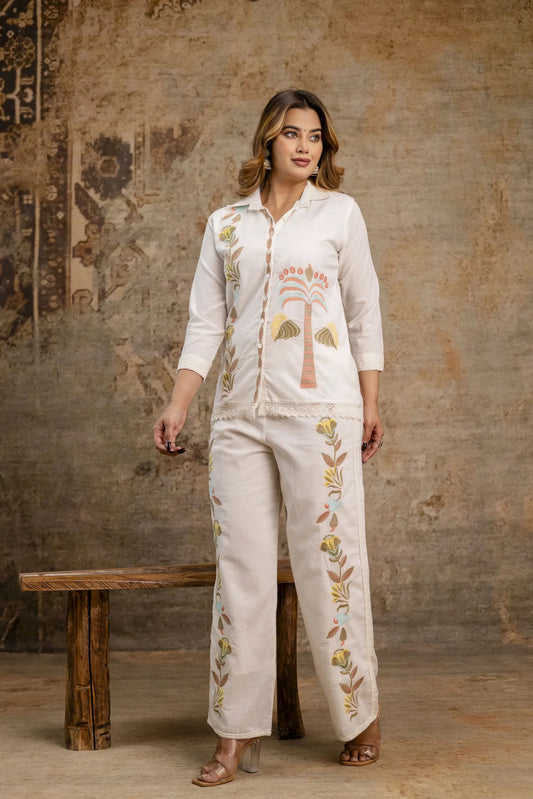 Off-White Embroidered Co-ord Set in Cotton Slub