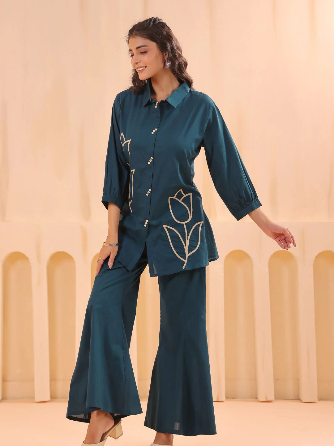 Teal Blue Cotton Co-ord Set with Rosebud Piping Embroidery