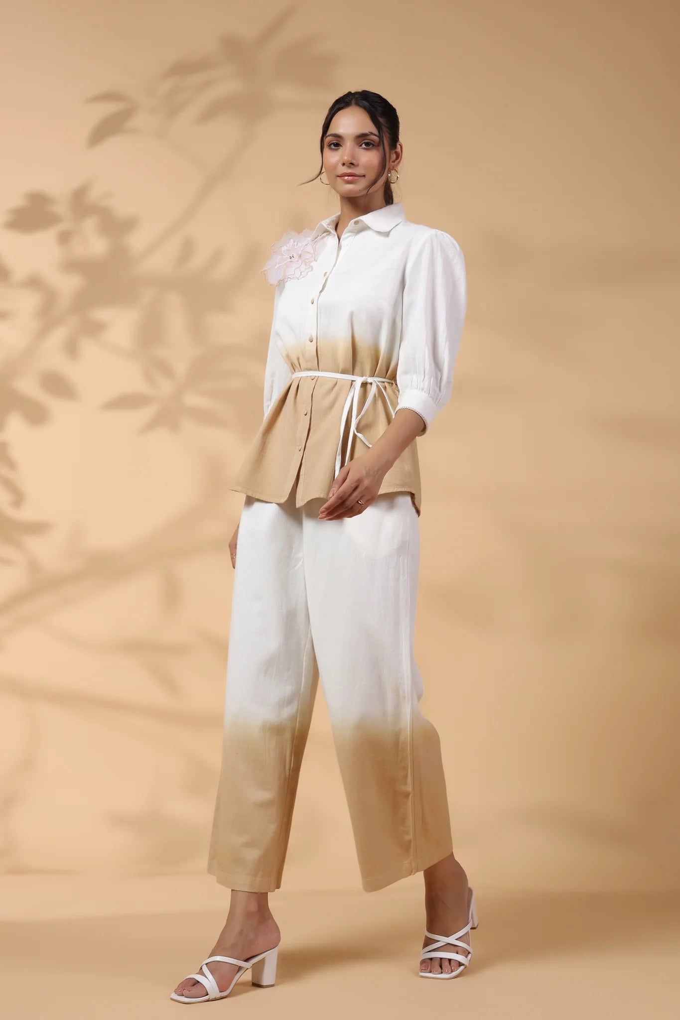 White and Beige Applique Flower Embroidered Cotton Flex Co-Ord Set