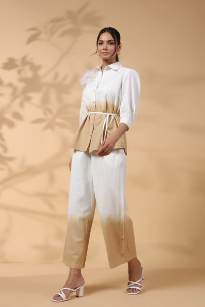 White and Beige Applique Flower Embroidered Cotton Flex Co-Ord Set