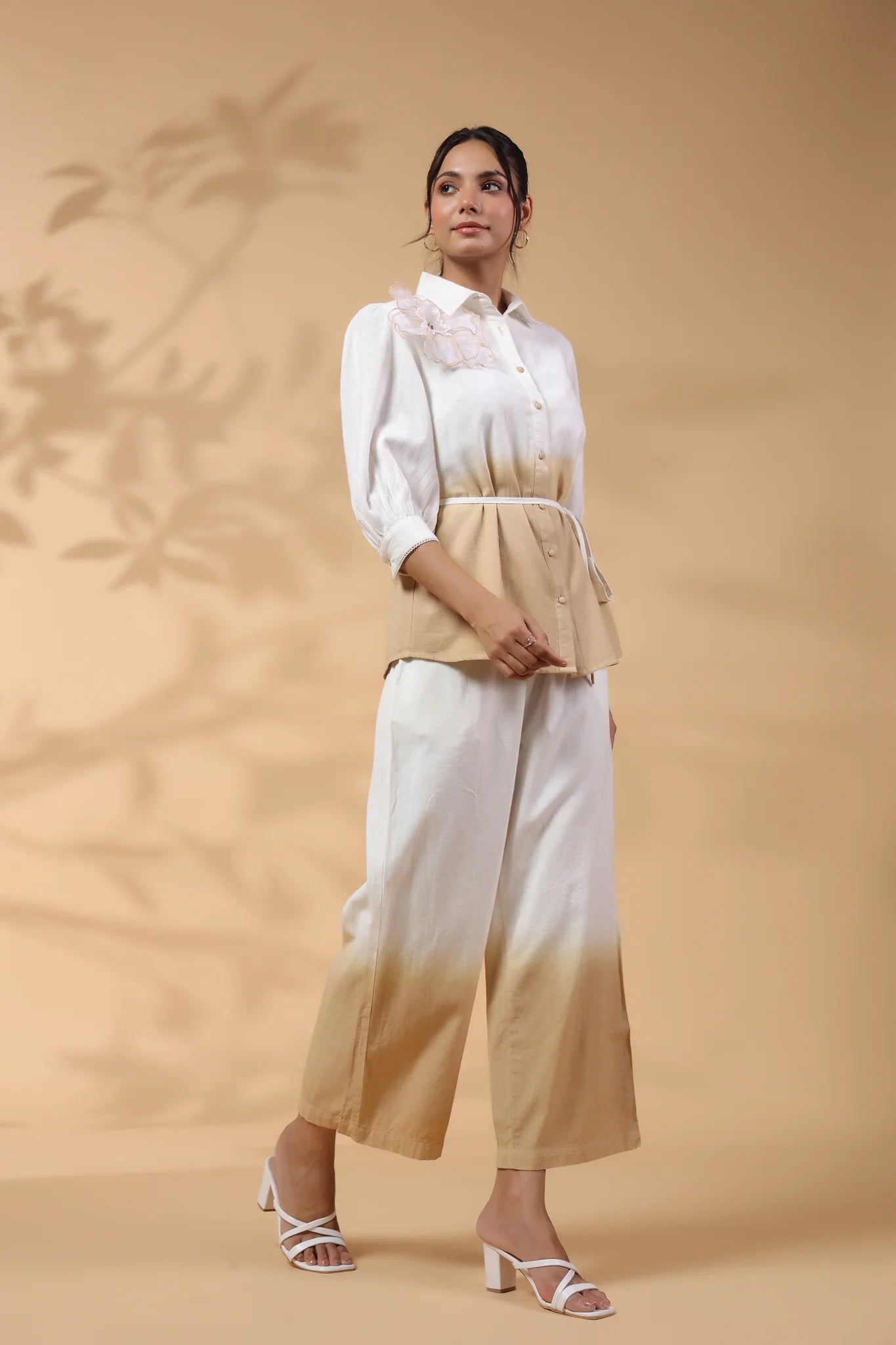 White and Beige Applique Flower Embroidered Cotton Flex Co-Ord Set