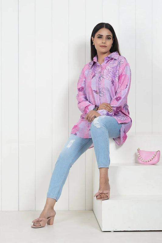 Shades Of Pink Floral Printed Shirt Style Tunic