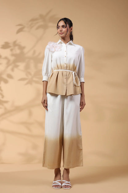 White and Beige Applique Flower Embroidered Cotton Flex Co-Ord Set