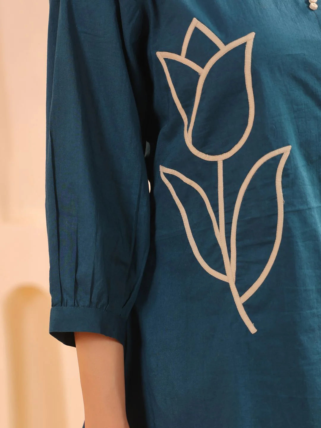 Teal Blue Cotton Co-ord Set with Rosebud Piping Embroidery