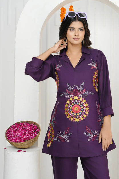 Dark Purple Floral Embroidered Co-ord Set in Roman Silk