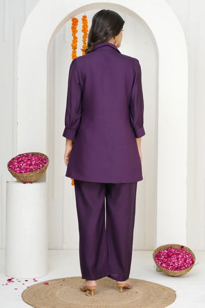 Dark Purple Floral Embroidered Co-ord Set in Roman Silk