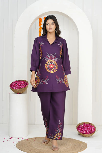 Dark Purple Floral Embroidered Co-ord Set in Roman Silk