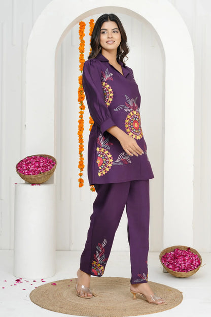 Dark Purple Floral Embroidered Co-ord Set in Roman Silk