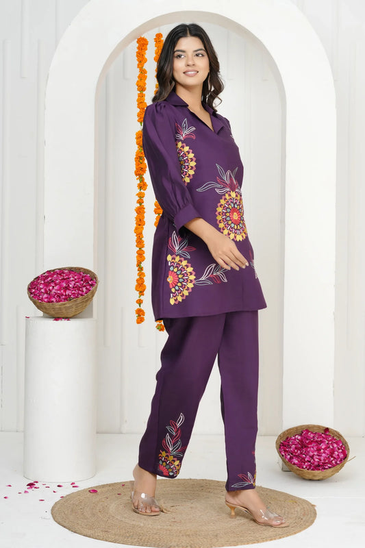 Dark Purple Floral Embroidered Co-ord Set in Roman Silk