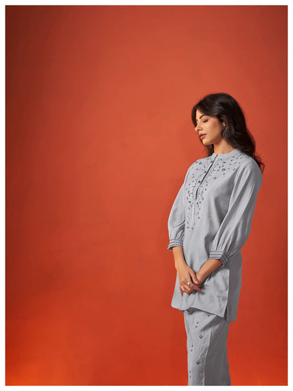 Solid Grey embroidered 3/4th sleeve Viscose Co-Ord set