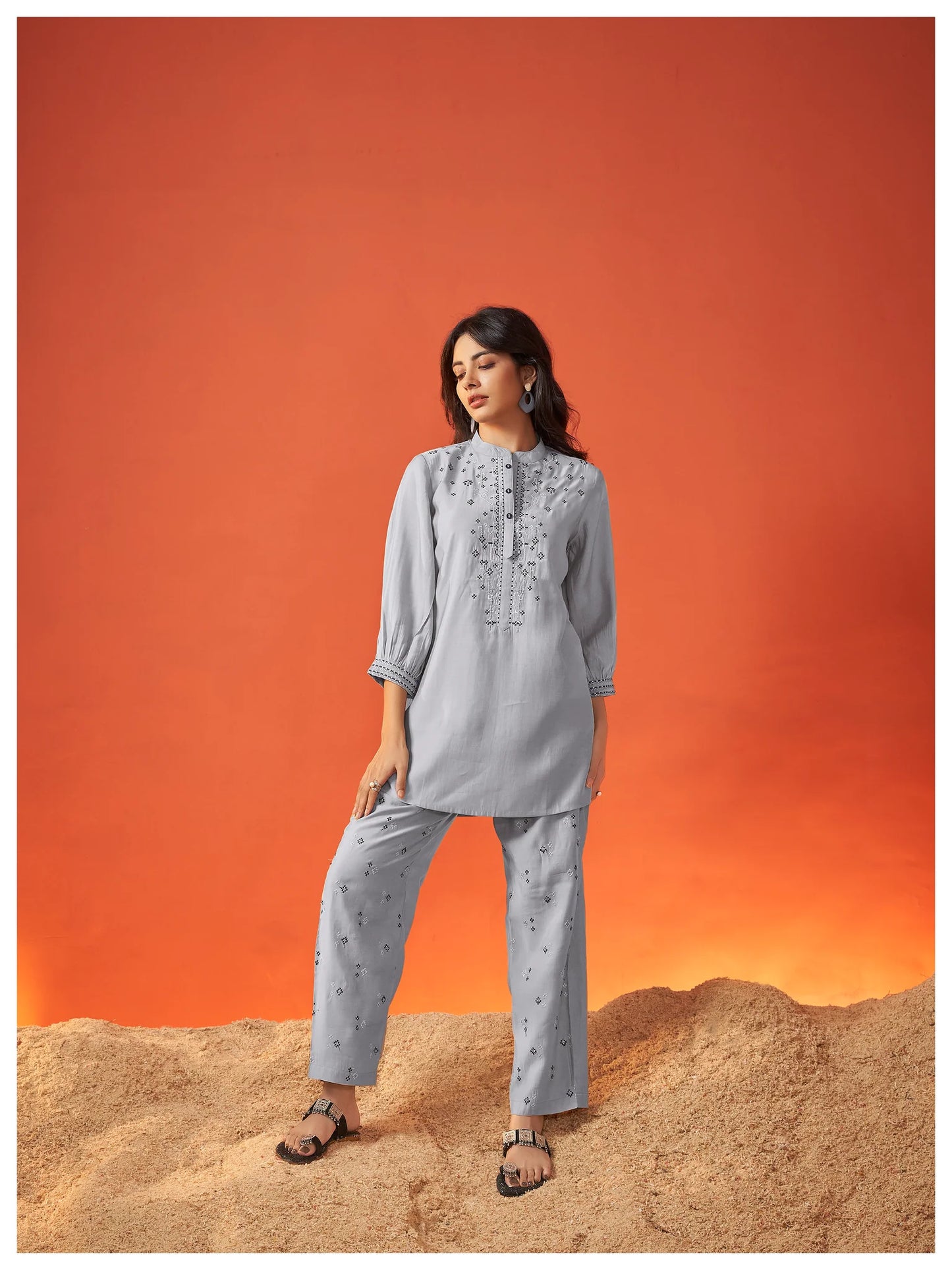 Solid Grey embroidered 3/4th sleeve Viscose Co-Ord set