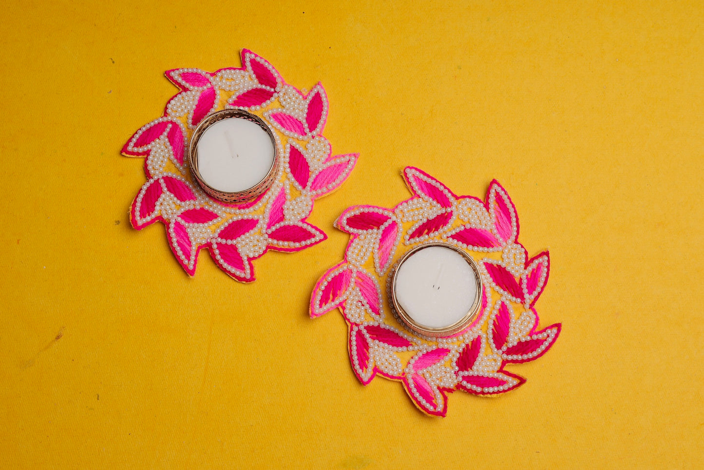 Pink Beaded Diyas | Set of 2