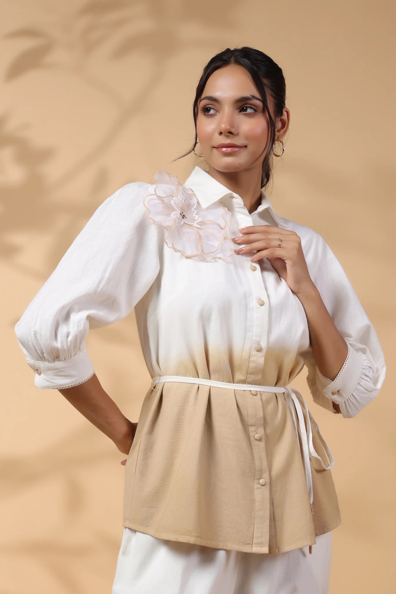 White and Beige Applique Flower Embroidered Cotton Flex Co-Ord Set