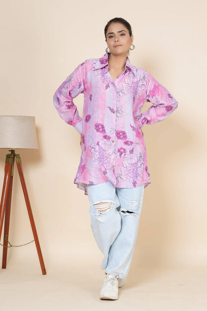 Shades Of Pink Floral Printed Shirt Style Tunic