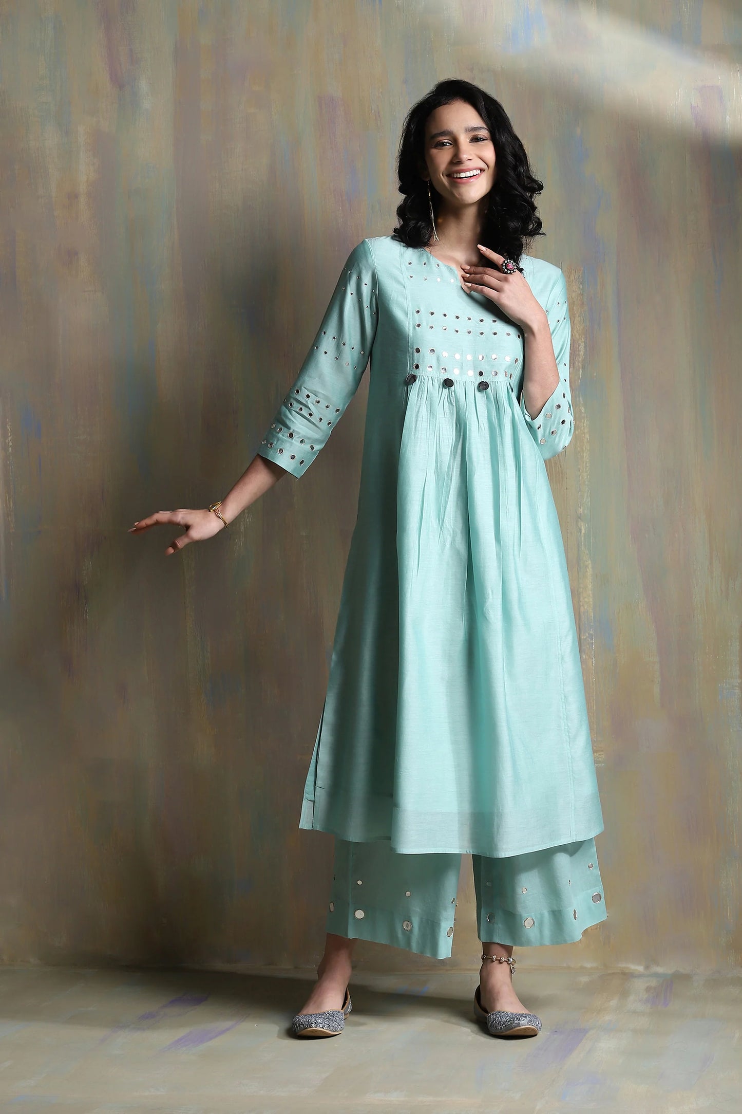 Aqua Green Gathered Kurta Set