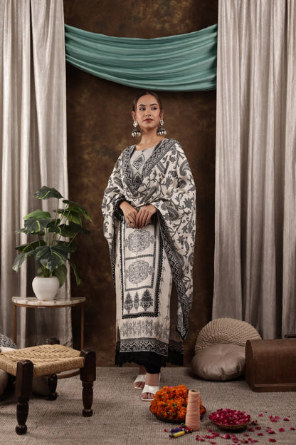 Black and Pastel Printed Muslin Pakistani Ethnic Set with Dupatta