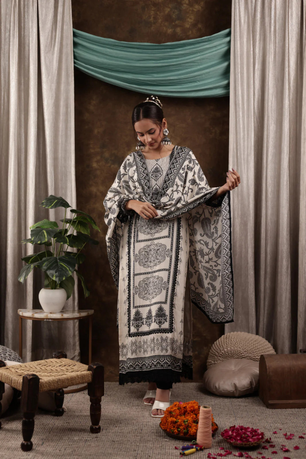 Black and Pastel Printed Muslin Pakistani Ethnic Set with Dupatta