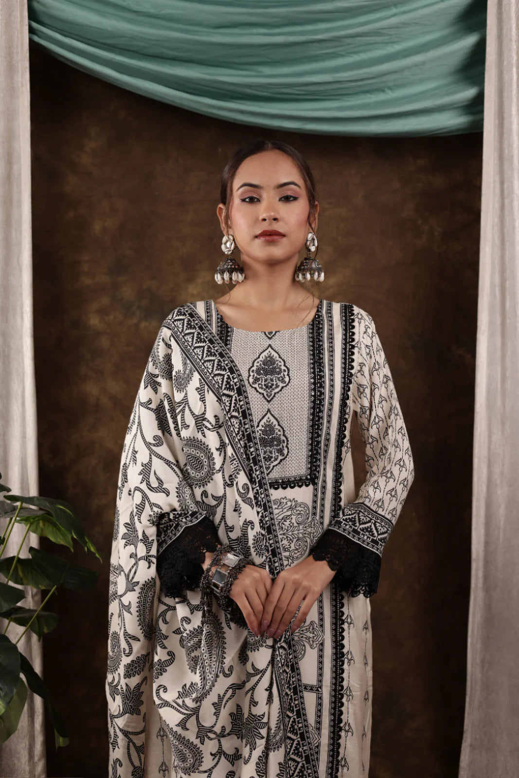 Black and Pastel Printed Muslin Pakistani Ethnic Set with Dupatta