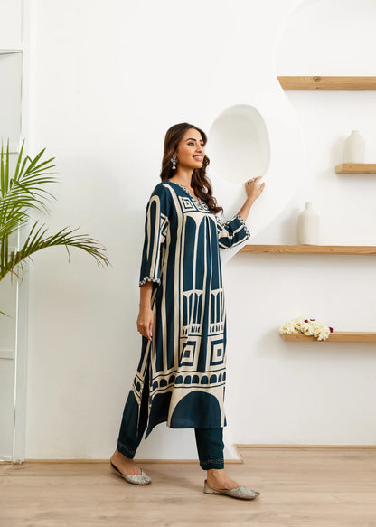 Blue Abstract Geometric Rayon Print Ethnic Set