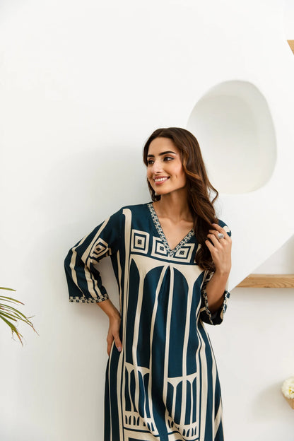 Blue Abstract Geometric Rayon Print Ethnic Set