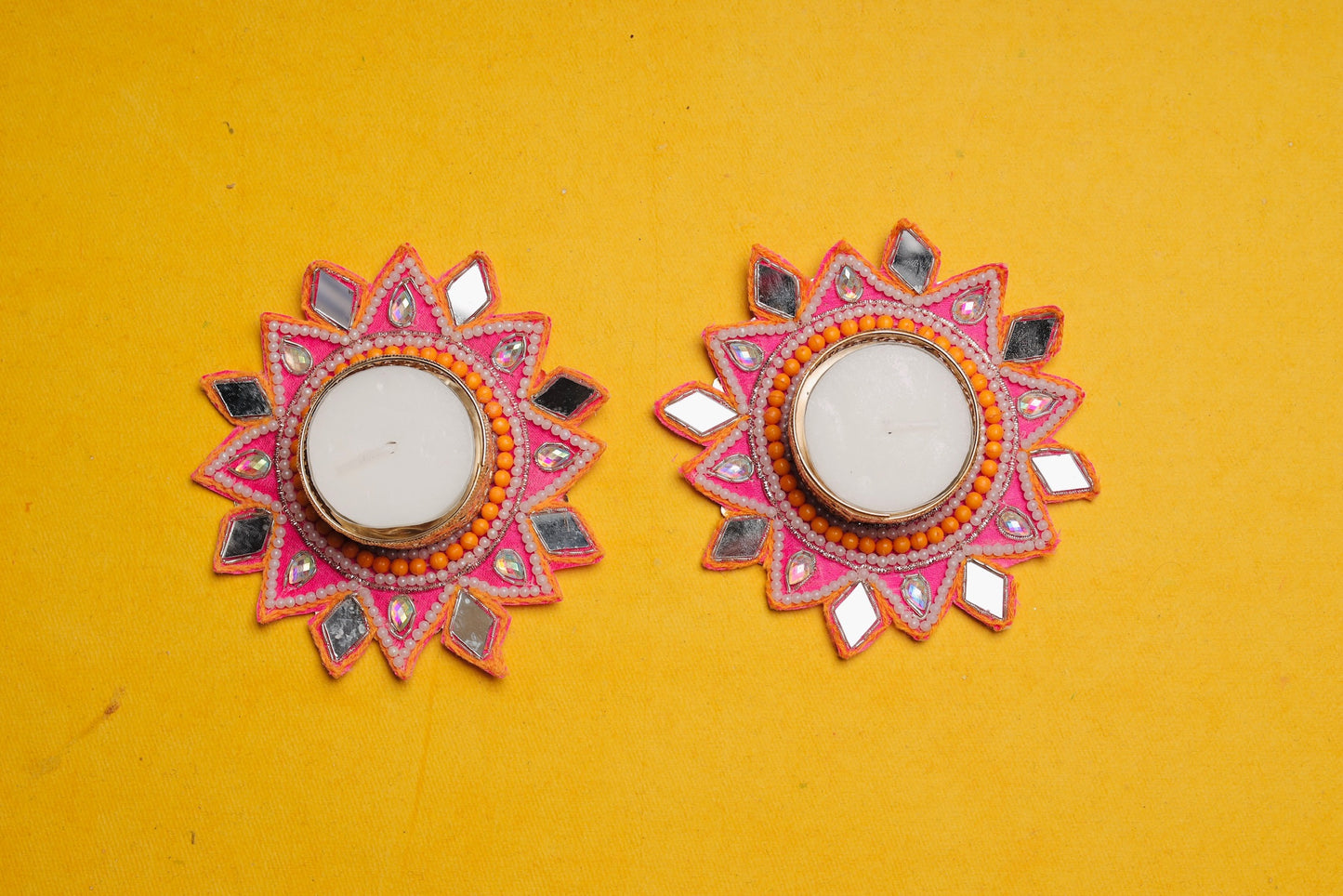 Pink & Orange Mirror Diyas | Set of 2