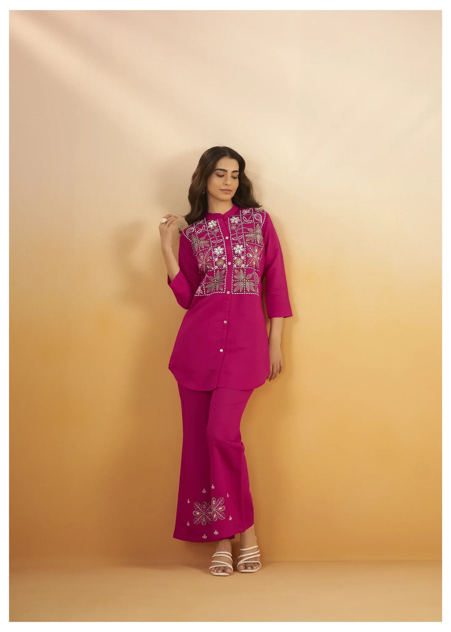 Hot Pink Multi-Thread Embroidered Viscose Silk Co-Ord Set