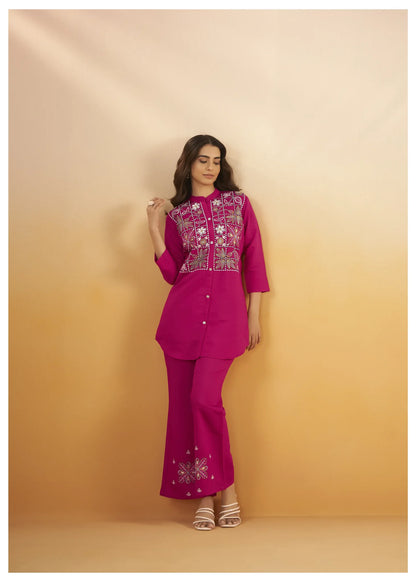 Hot Pink Multi-Thread Embroidered Viscose Silk Co-Ord Set