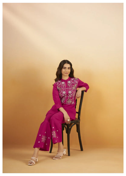 Hot Pink Multi-Thread Embroidered Viscose Silk Co-Ord Set
