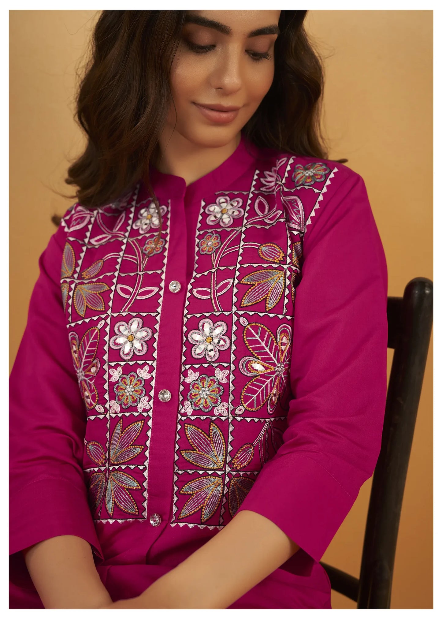 Hot Pink Multi-Thread Embroidered Viscose Silk Co-Ord Set