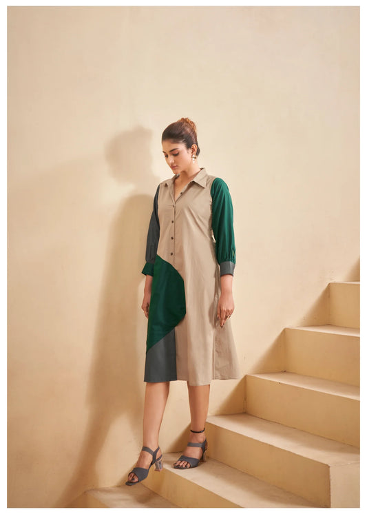 Color-Blocked Green and Beige Cotton Poplin A-Line Dress