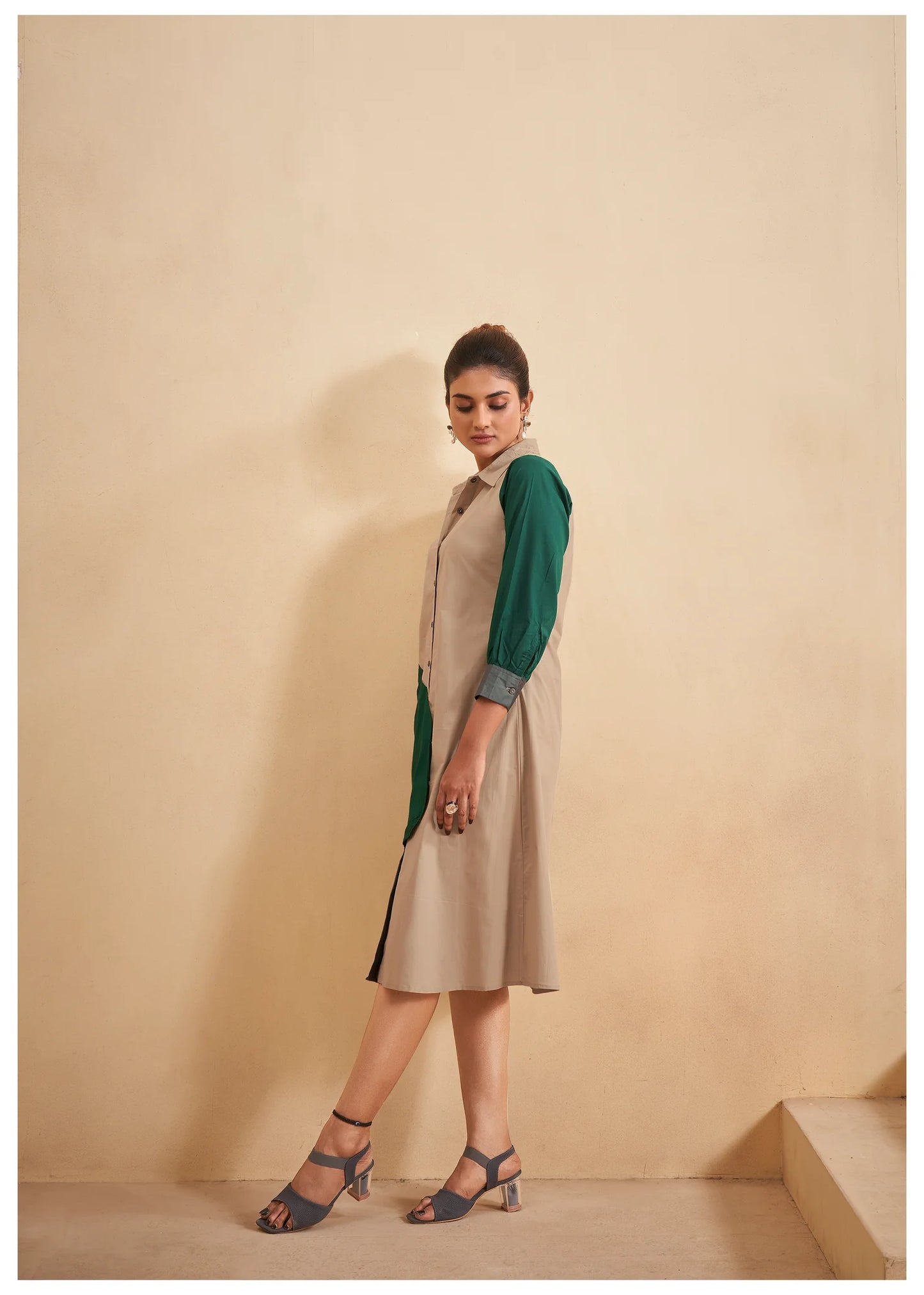 Color-Blocked Green and Beige Cotton Poplin A-Line Dress