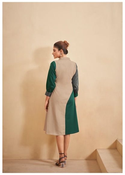 Color-Blocked Green and Beige Cotton Poplin A-Line Dress