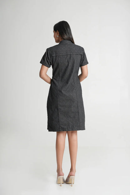Textured Denim Black Knee-Length Dress