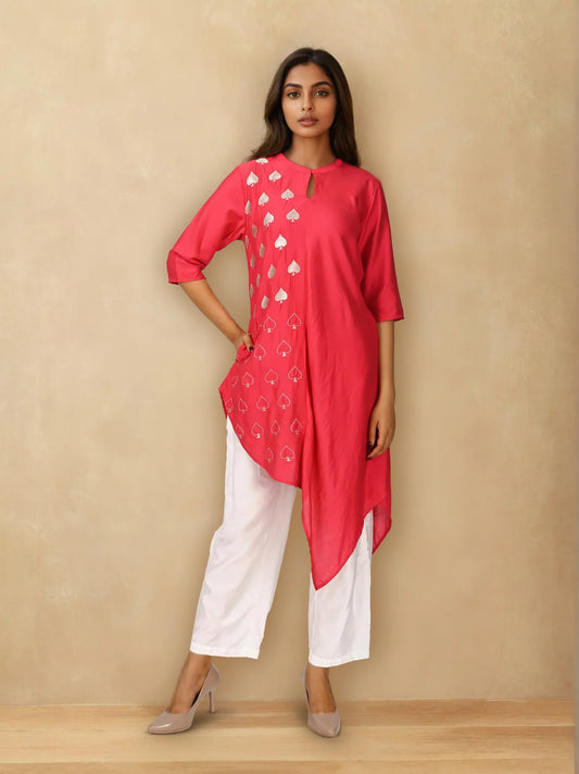 Hot Pink & White Embroidered Spade Motifs Chanderi Silk Co-ord Set