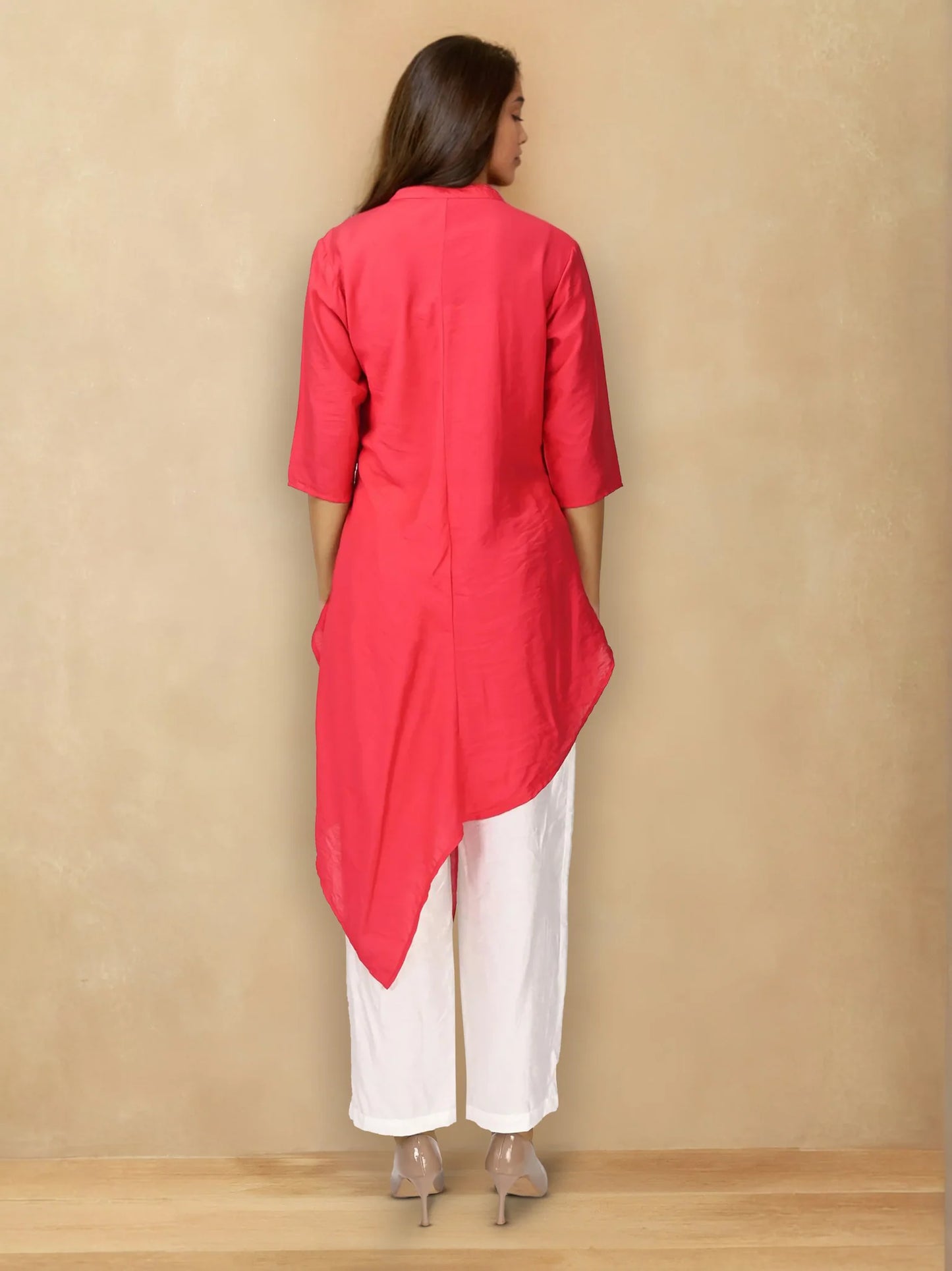 Hot Pink & White Embroidered Spade Motifs Chanderi Silk Co-ord Set