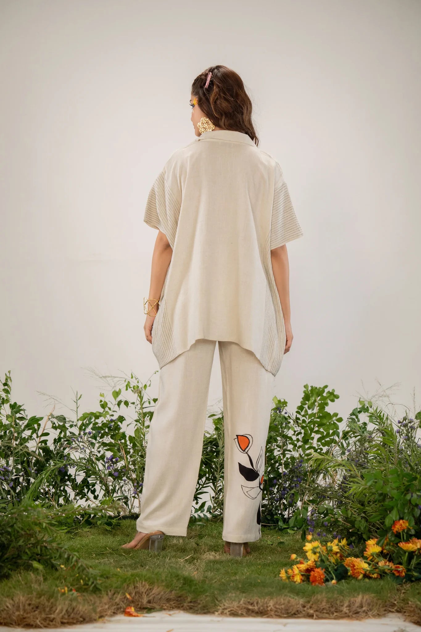 Solid Cream Printed Kaftan Style Co-Ord Set in Linen Slub