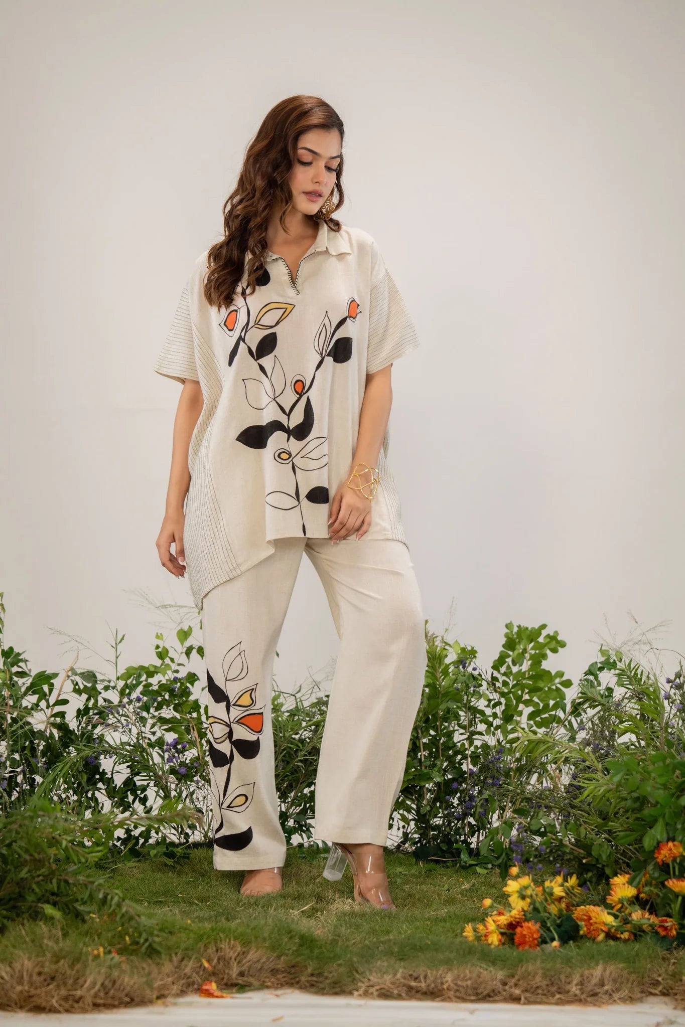 Solid Cream Printed Kaftan Style Co-Ord Set in Linen Slub