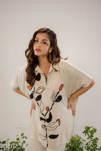 Solid Cream Printed Kaftan Style Co-Ord Set in Linen Slub