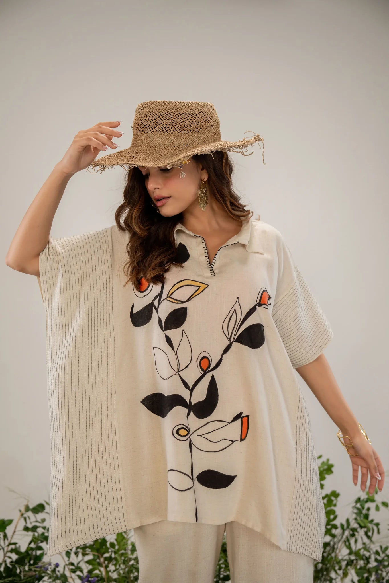 Solid Cream Printed Kaftan Style Co-Ord Set in Linen Slub