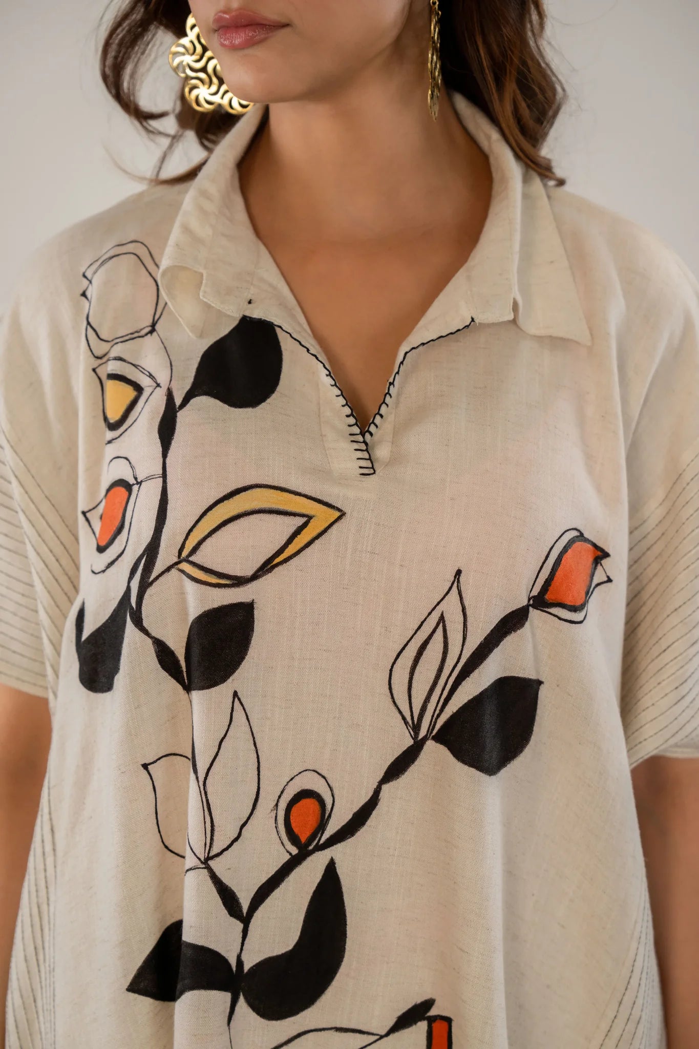 Solid Cream Printed Kaftan Style Co-Ord Set in Linen Slub