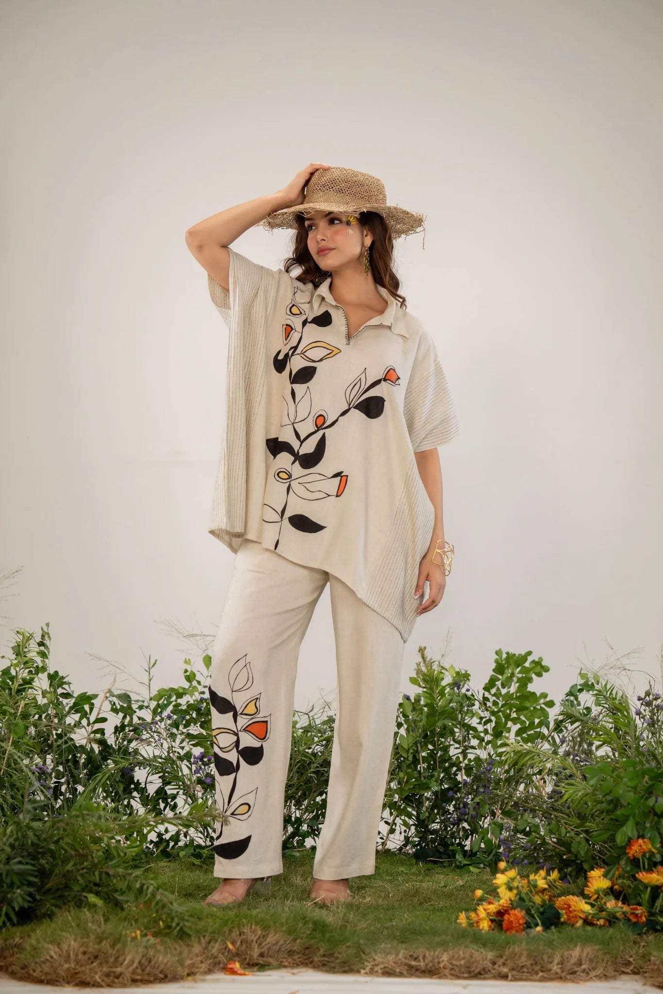 Solid Cream Printed Kaftan Style Co-Ord Set in Linen Slub